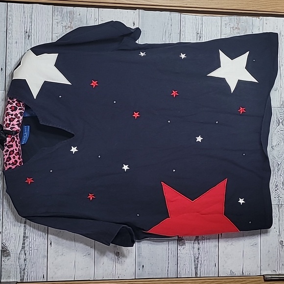Vintage Karen Scott Stars Americana V Neck Tshirt Sz 1X - Picture 1 of 7